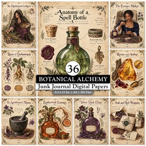 Puede incluir: Una colección de 36 papeles digitales de alquimia botánica para diarios, con ilustraciones de estilo vintage de frascos, hierbas, raíces y herramientas de boticario con textos como Anatomy of a Spell Bottle y The Mushroom Gatherer.