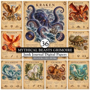 Pode incluir: Uma coleção de 36 papéis digitais para junk journal Mythical Beasts Grimoire com ilustrações de um Kraken, Grifo, Dragão, Fênix, Tarasca, Serpente marinha, Unicórnio, Quimera e Hipocampo em fundos estilo pergaminho com texto.