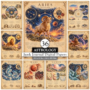May include: A collection of 36 astrology-themed digital papers featuring vintage-style parchment backgrounds. Each sheet displays celestial illustrations, zodiac signs like Aries, Leo, and Pisces, planetary symbols, and text including 8.5 x 11 In.
