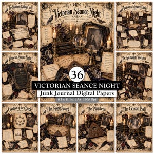 Puede incluir: Una colección de 36 papeles digitales para junk journal con temática Victorian Seance Night en formato A4. Los diseños presentan ilustraciones de estilo vintage de bolas de cristal, tableros espiritistas, planchettes, velas y retratos antiguos.