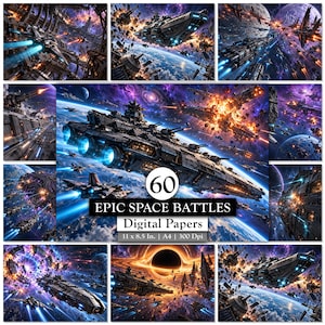 May include: A collection of 60 digital papers featuring epic space battles with starships, explosions, and planets. The central text reads 60 EPIC SPACE BATTLES Digital Papers 11 x 8.5 In. | A4 | 300 Dpi, showcasing detailed sci-fi scenes.