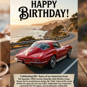 May include: A birthday card featuring a red 1963 Corvette Sting Ray Split-Window Coupe on a coastal road. The card says "HAPPY BIRTHDAY!" and celebrates 60+ years of an American icon.