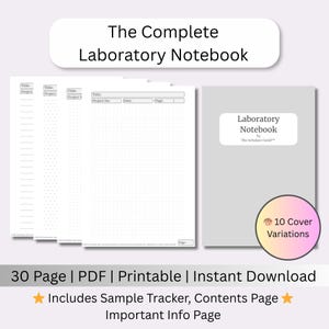 May include: A gray laboratory notebook with the title "The Complete Laboratory Notebook" at the top. The notebook includes a sample tracker, contents page, and important info page. The image also shows 10 cover variations.