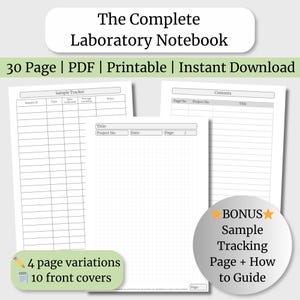 May include: A digital laboratory notebook with the text "The Complete Laboratory Notebook." The notebook includes sample trackers, content pages, and a grid page. The image also highlights "4 page variations" and "10 front covers."