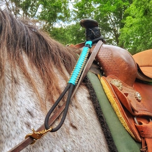 May include: A close-up of a horse saddle with a turquoise and tan braided rein. The saddle is brown leather with decorative metal accents. The horse has a speckled coat, and the background is blurred green trees.