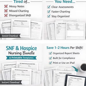 May include: A digital download bundle for SNF and Hospice nursing, featuring 6 printable templates. The image highlights the benefits of organized report sheets and faster charting, with the text "Save 1-2 Hours Per Shift!"