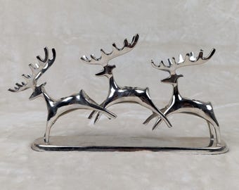 Candelabro de 3 niveles cromado con portavelas, diseño de reno y ciervo - Vintage