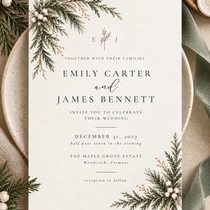 Puede incluir: Una tarjeta de invitación de boda rectangular con fondo color crema e ilustraciones en acuarela de ramas de pino verdes y bayas blancas en las esquinas superior izquierda e inferior derecha. El texto incluye los nombres Emily Carter y James Bennett.