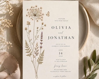 Conjunto de invitaciones de boda con diseño de flores silvestres prensadas, invitación de herbario botánico (descarga digital)