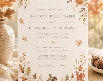 Puede incluir: Una tarjeta de invitación de boda rectangular con un borde de hojas de otoño en acuarela en tonos naranja, rojo y marrón. El texto dice: Together with their families, Bride's Full Name and Groom's Full Name request the pleasure of your company as they celebrate their marriage, Saturday, October 10, 2027, at four o'clock in the afternoon, Autumn Ridge Estate, Charlottesville, Virginia, Dinner & Dancing to Follow.