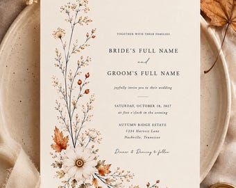 May include: A cream-colored wedding invitation card featuring a botanical illustration of autumn leaves, berries, and a white flower along the left side. The text includes "Together with their families," "Bride's Full Name and Groom's Full Name," and event details.