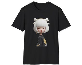 T-shirt animemeisje - leuke kawaii-mode, futuristisch T-shirt met Aziatische kunst, zwarte en gouden grafische top, cool cadeau voor vrouwen en tieners