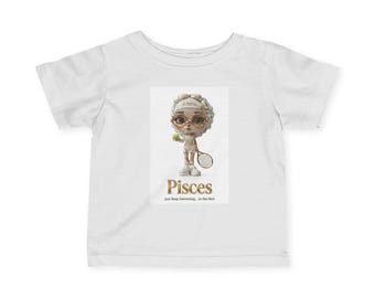 Pisces Girl Zodiac Tennis Cartoon T-shirt | Jerseyt-shirt voor baby's en peuters, blijf gewoon naar het net zwemmen