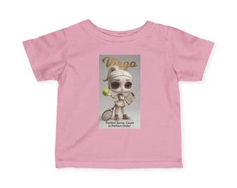 T-shirt Maagd meisje dierenriem tenniscartoon | Jerseyt-shirt voor baby's en peuters, Perfect Serve Court, in perfecte staat