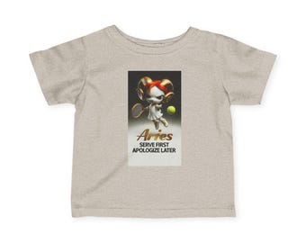 T-shirt Ram Girl Zodiac Tennis Cartoon | Jerseyt-shirt voor baby's en peuters, serveer eerst Excuses later