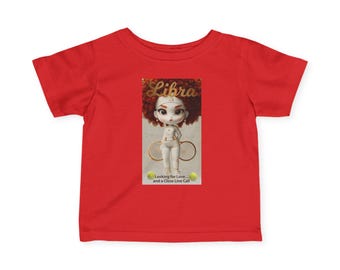 T-shirt Weegschaal Girl Zodiac Tennis Cartoon | Jersey T-shirt voor baby's en peuters, op zoek naar liefde en een gesprek