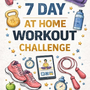 Könnte beinhalten: Illustration für eine 7-Tage-Workout-Challenge für zu Hause. Das Bild zeigt eine rosa Hantel, eine Kettlebell, eine Yogamatte, eine Wasserflasche, ein Paar rosa Turnschuhe, einen grünen Apfel, eine Stoppuhr, ein Tablet und ein Springseil.