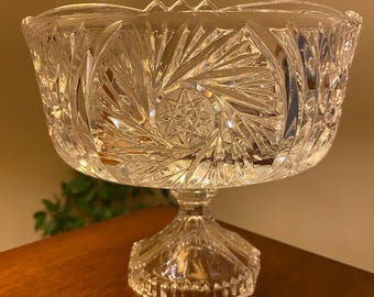 Vintage 8" Cut Crystal Pedestal Compote Bowl - 6.5" Tall Whirling Pinwheel Buzz Star & Fan Centerpiece Fruit Dish, Scalloped Sawtooth Rim