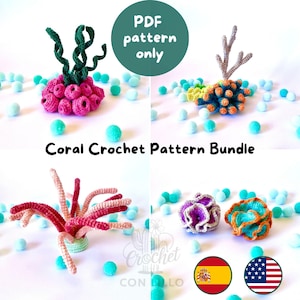 May include: A digital PDF pattern bundle for crocheted coral reefs. The image displays various handmade coral structures in pink, green, orange, blue, and purple yarn, accompanied by small teal pom-poms. Text includes PDF pattern only and Coral Crochet Pattern Bundle.