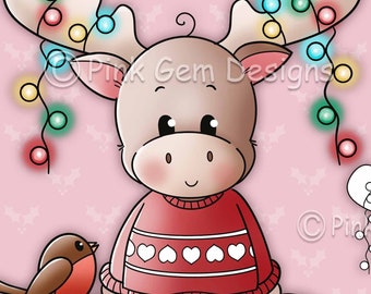 Digi Stamp Merry & Bright,  Marley Moose,  Reindeer, Card Making 1 Pre Coloured png and 1 Black Line png Included. Moose Illustration