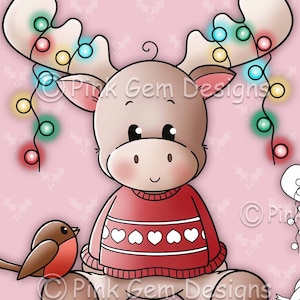 Digi Stamp Merry & Bright, Marley Moose, Reindeer, Card Making 1 Pre Coloured png e 1 Black Line png inclusi. Illustrazione dell'alce