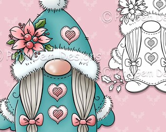 Digi Stamp  Scandinavian Girl Gnome, Tomte ,Nisse Nordic Christmas Gnome. Card Making 1 Pre Coloured png and 1 Black Line png Included