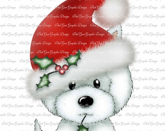 Westie in Santa Hat Sublimation Design,Digi Stamp,Download,Commercial Use,Dog PNG,Digital Westie Dog,Puppy Clip Art,Christmas Westie Dog