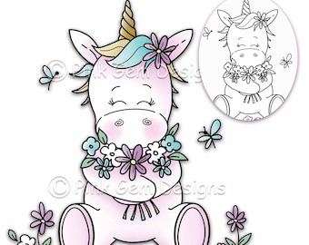 Digi Stamp  'Unicorn With Flowers' - Birthday, Party Invitations, Unicorn DigiStamp, Unicorn Digi Stamps, Blackline & Coloured png Included