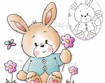 Digi Stamp  'Spring Rabbit' - Birthday, Party Invitations, Rabbit DigiStamp, Rabbit Digi Stamps, Blackline & Coloured png Included
