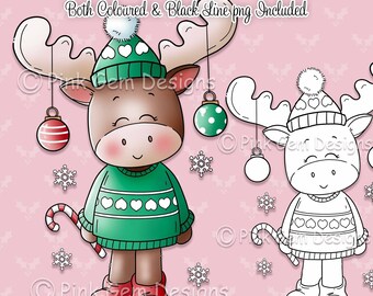 Digi Stamp Christmas Moose,  Marley Moose,  Reindeer, Card Making 1 Pre Coloured png and 1 Black Line png Included. Moose Illustration