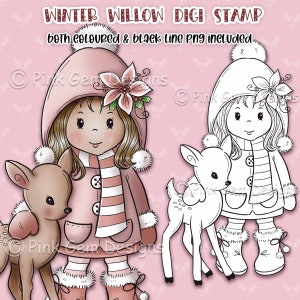 Digi Stamp 'Winter Evie', Girl Digi Stamp, 1 Black Line png & 1 Pre Coloured png Included. Card Making, Scrapbooking, Girl Digistamp