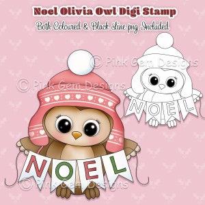 Owl Digi Stamp 'Noel Olivia' -  Christmas Owl. Makes Cute Christmas Cards. Illustration. Clip Art. In Both Blackline and Colour Files