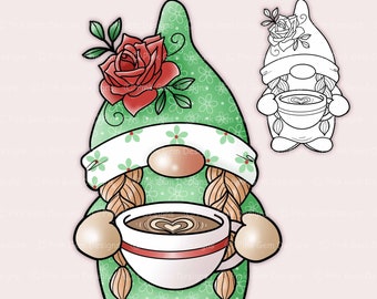 Digi Stamp Coffee Gnome Girl, Digital Stamp, Digistamp, 1 Pre Coloured png and 1 Black Line png Included, Birthday, Coffee Gnome Digistamp