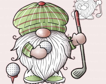 Golf Gnome Digital Stamp: Pre-Colored & Black Line PNG (Digital Download)