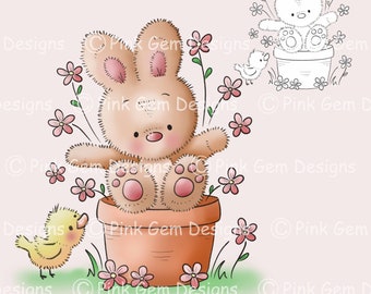 Digi Stamp Bunny Pot, Bunny Digistamp, Bunnies, Love, Bunny Stamp, 1 png pré-coloré et 1 png Blackline inclus, Lapin d’anniversaire