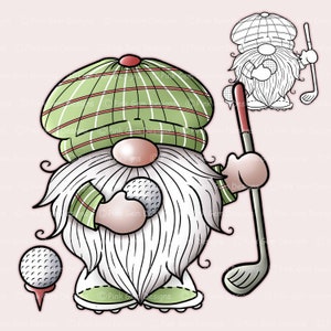 Digi Stamp Golf Gnome, Digital Stamp, Digistamp, 1 Pre Coloured png and 1 Black Line png Included. Elf, Birthday, Golf Gnome PNG, Gonk