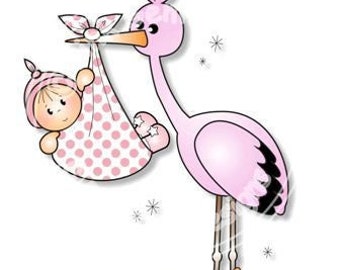 Digi Stamp  Baby Stork Stamp. Black Line Art Work +  Pre Coloured files in Both Pink & Blue Included