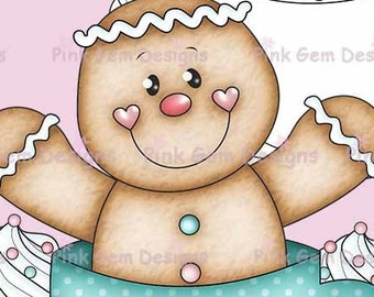 Digi Stamp 'Teacup Ginger' Gingerbread Man. 1 Black Line png & 1 Pre Coloured png Included. Card Making, Scrapbooking Christmas