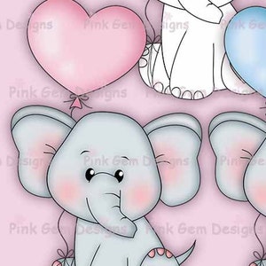 Digi Stamps  'Ella With Heart Balloon' - 1 Black Line png & 2 Colour png. Elephant. Baby Boy. Baby Girl. A total of 3 png files included