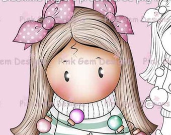 Digi Stamp 'Chloe With Christmas Lights'. 1 Black Line png & 1 Pre Coloured png Included. Card Making, Scrapbooking