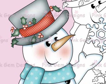 Digi Stamp 'Chilly and Snowflake' Snowman. Card Making, Scrapbooking, 1 Coloured png and 1 Black Line png Included