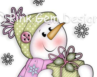 Snowman Christmas Card Digi Stamp: 'Chilly with Gift' (Digital Download)