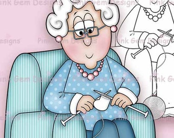 Digi Stamp Knitting Molly. Lady Birthdays. Mother's  Day. 1 Black Line PNG and 1 Coloured PNG Included. Card Making, Scrapbooking
