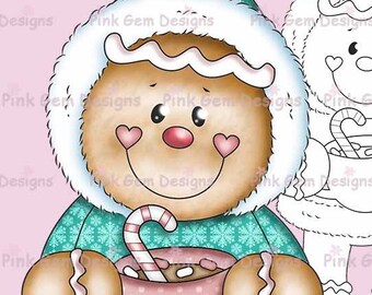 Digi Stamp 'Ginger With Hot Chocolate' Gingerbread Man. 1 Black Line png & 1 Pre Coloured png Included. Card Making, Scrapbooking Christmas