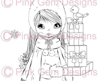 Digital Digi Stamp 'Angelica with Gifts'. Cute Girl. Christmas. Card Making. Paper Craft. Digital Scrapbooking. Invitations