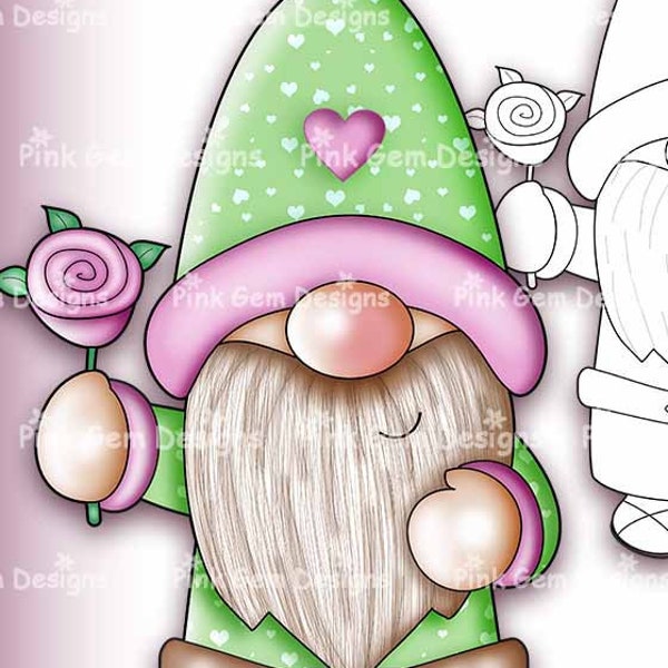 Digi Stamp Scandinavian Gnome With Rose, Valentine Gnome,1 Pre Coloured png and 1 Black Line png Included. Elf, Small commercial Use