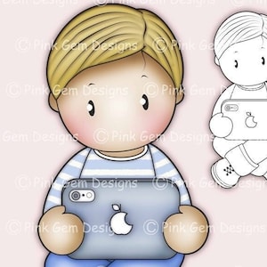 Digi Stempel Andy mit Tablet. Boy es Birthday, Karten, Einladungen etc 1 Black Line PNG & 1 vorgefärbtes PNG inklusive, Boy Digi Stamp