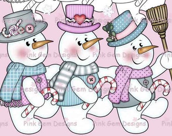 Snowmen Trio Digi Stamp: Christmas Card Making, Scrapbooking (PNG)