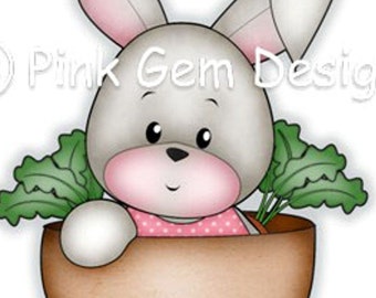 Digi Stamp Bunny in Plant Pot,Birthday,Easter,Small Commercial Use,Bunny Digistamp,Bunny Clipart,Both Colour and Black Line Files Included