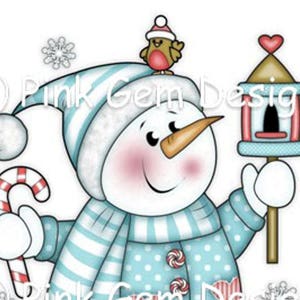 Boneco de neve com carimbo digital "Frio com casinha de passarinho". Natal.